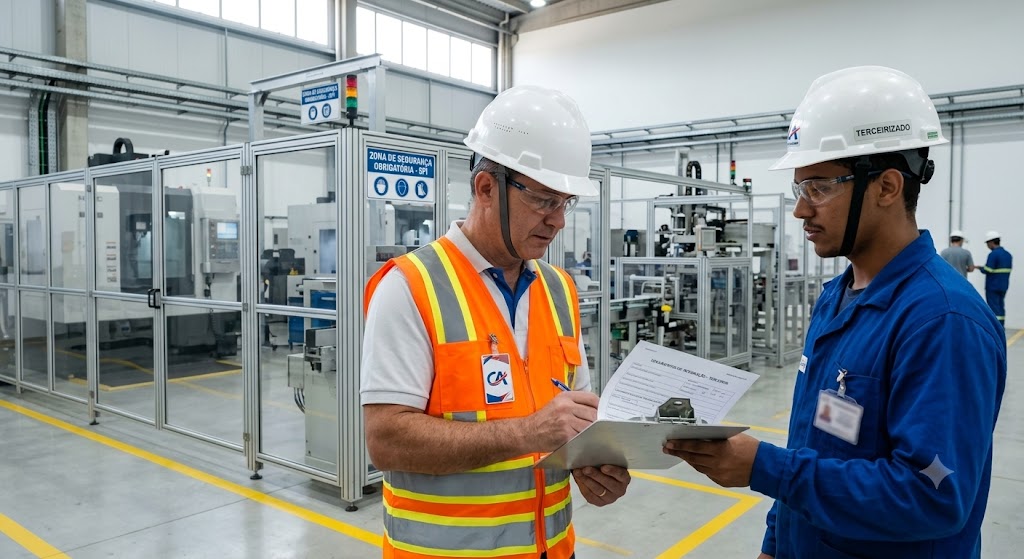Técnico validando a análise de documentos de empresas terceirizadas junto ao trabalhador em área industrial.