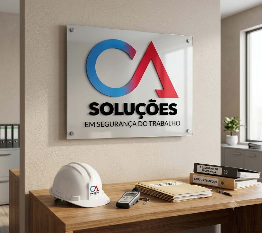 Mesa de trabalho com equipamentos de medição ambiental e placa corporativa da C.A. Soluções em Segurança do Trabalho.
