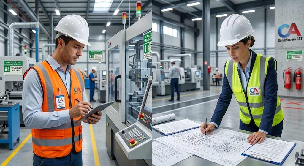 Técnico inspecionando fábrica e engenheira de segurança analisando laudos em escritório técnico.