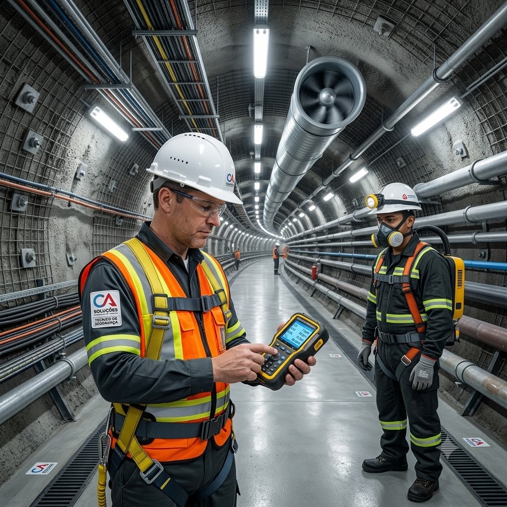 Técnico testando a atmosfera com detector de gases para garantir a segurança em trabalhos no subsolo.