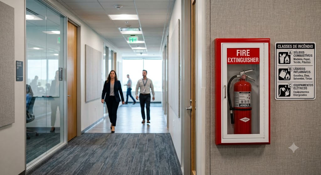 Extintor de incêndio instalado na parede de um escritório com placa de sinalização de segurança acima do equipamento