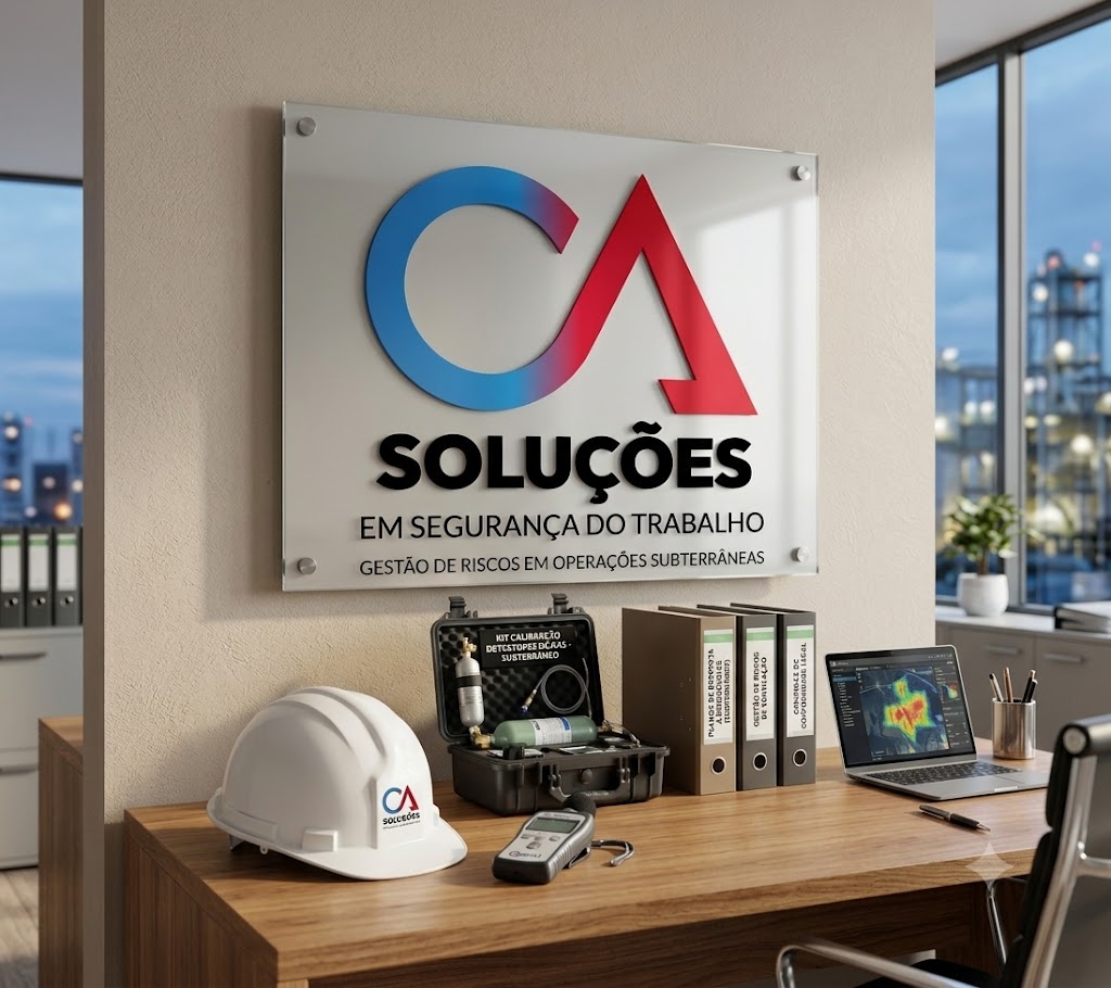 Mesa corporativa da C.A. Soluções com equipamentos de medição e laudos de segurança em trabalhos no subsolo.