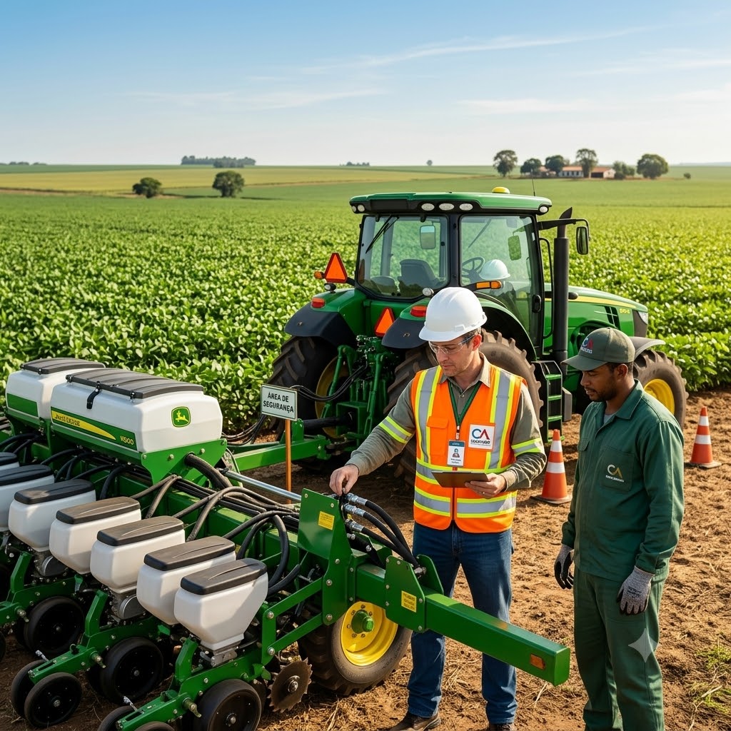 Técnico realizando a inspeção e aplicando dicas de segurança na operação de máquinas e implementos agrícolas em campo produtivo.