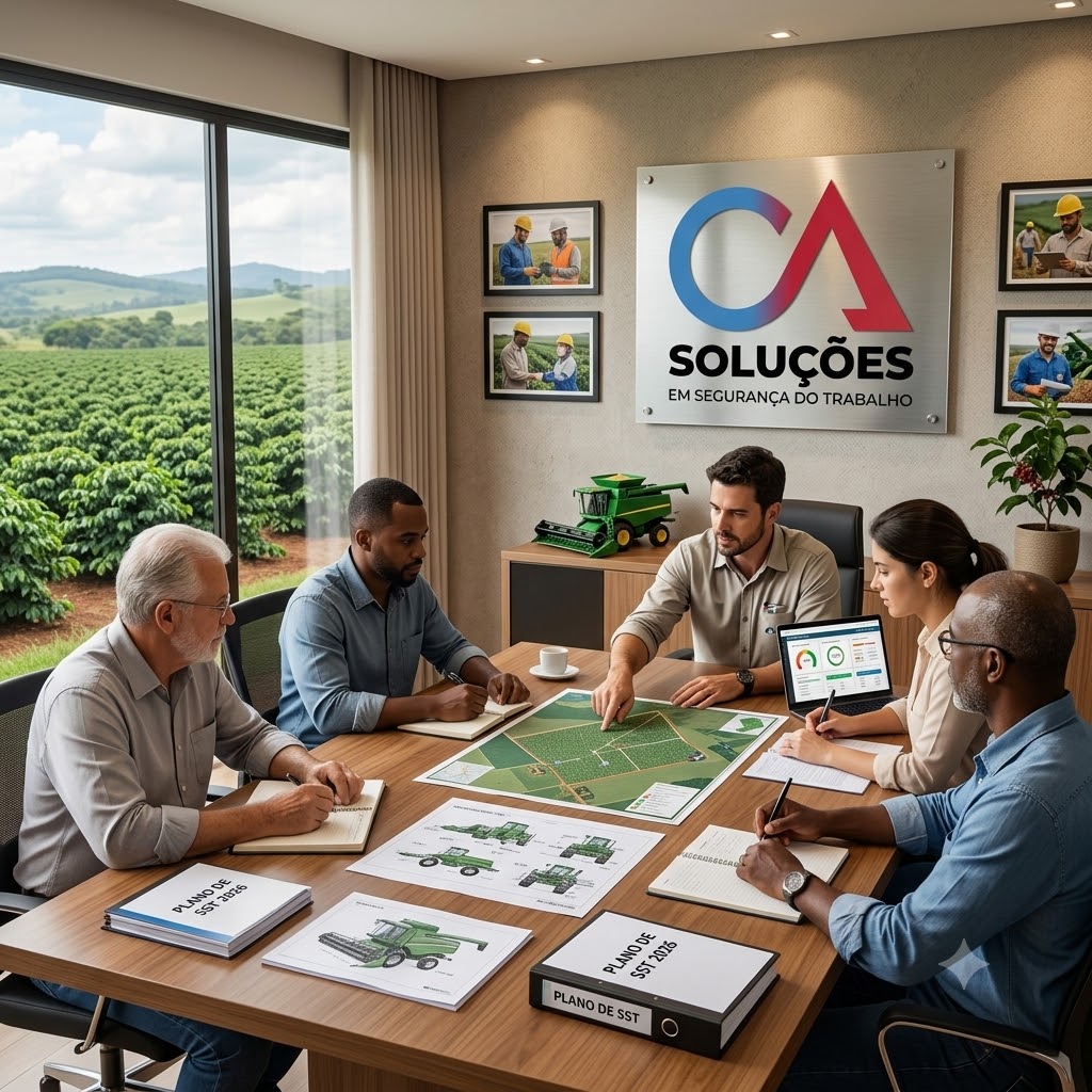 Escritório da C.A. Soluções com manuais e dicas de segurança na operação de máquinas e implementos agrícolas.