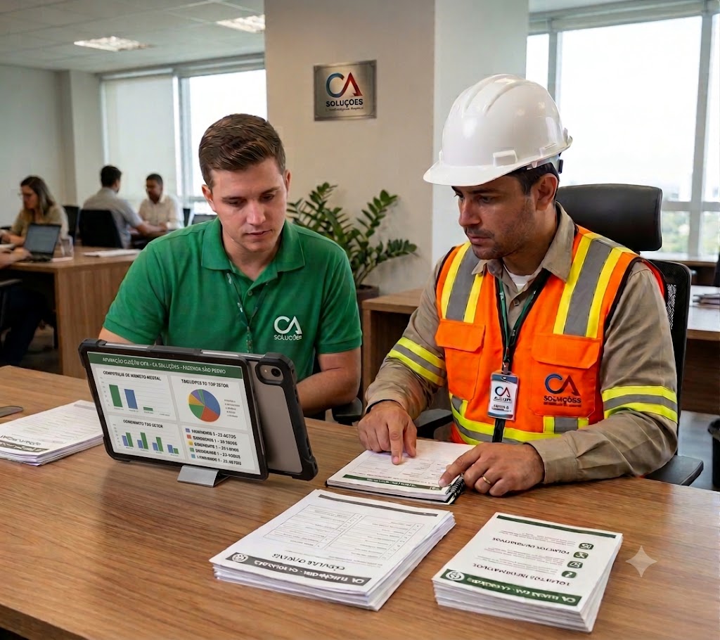 Técnico da C.A. Soluções conferindo dados da eleição ao aprender como estruturar a CIPA na empresa.