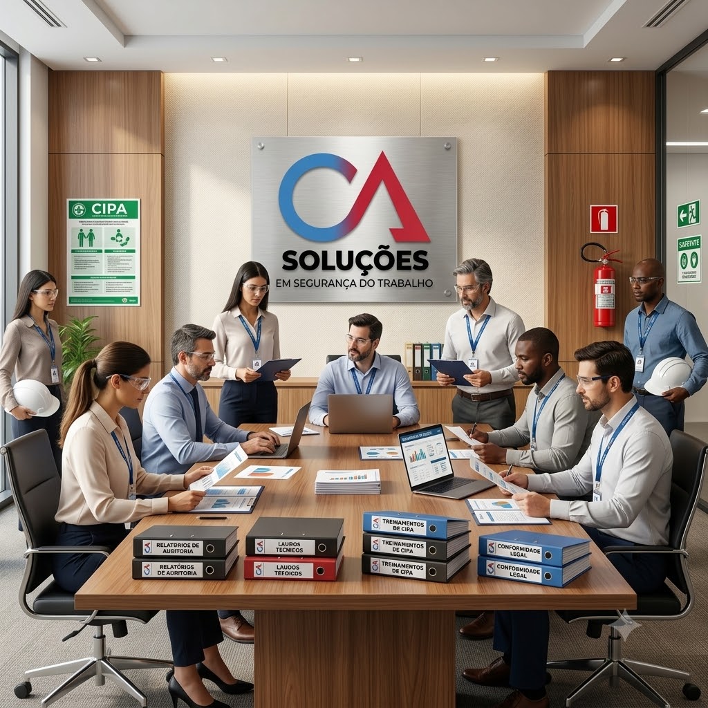 Mesa de trabalho da C.A. Soluções com matrizes de avaliação mostrando a diferença entre risco e perigo.