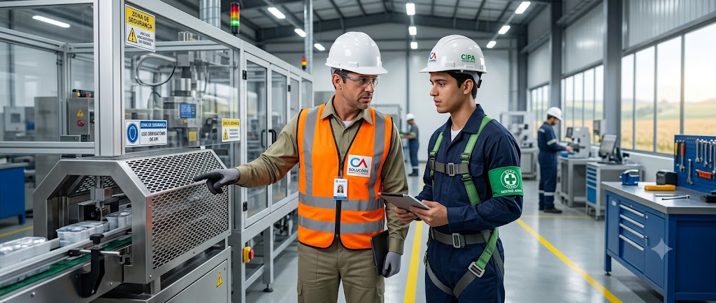 Engenheiro orientando membro eleito da comissão sobre como estruturar a CIPA na empresa durante inspeção.