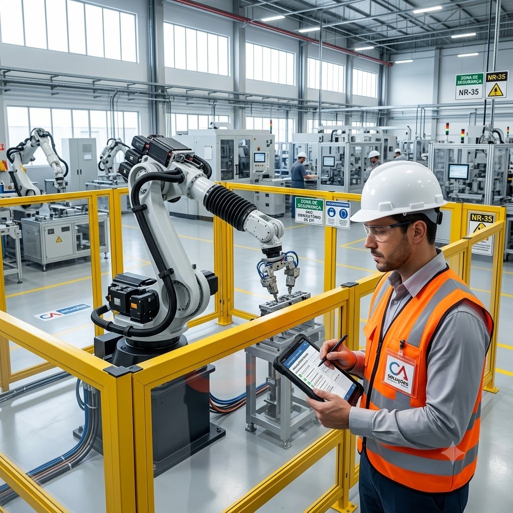 Técnico analisando a fonte de perigo e avaliando o risco de operação em máquina industrial.